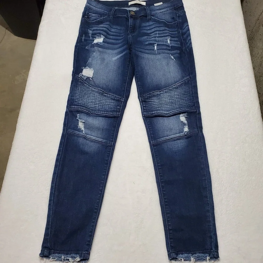 KanCan Moto Ankle Skinny Denim Jeans Women's Sz 27 Frayed Hem Dark Wash Distress - Picture 2 of 10